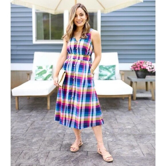 Dresses & Skirts - J. CREW Women 2 Mixed Madras Plaid Button-Up Picnic Midi Dress V-Neck Pockets